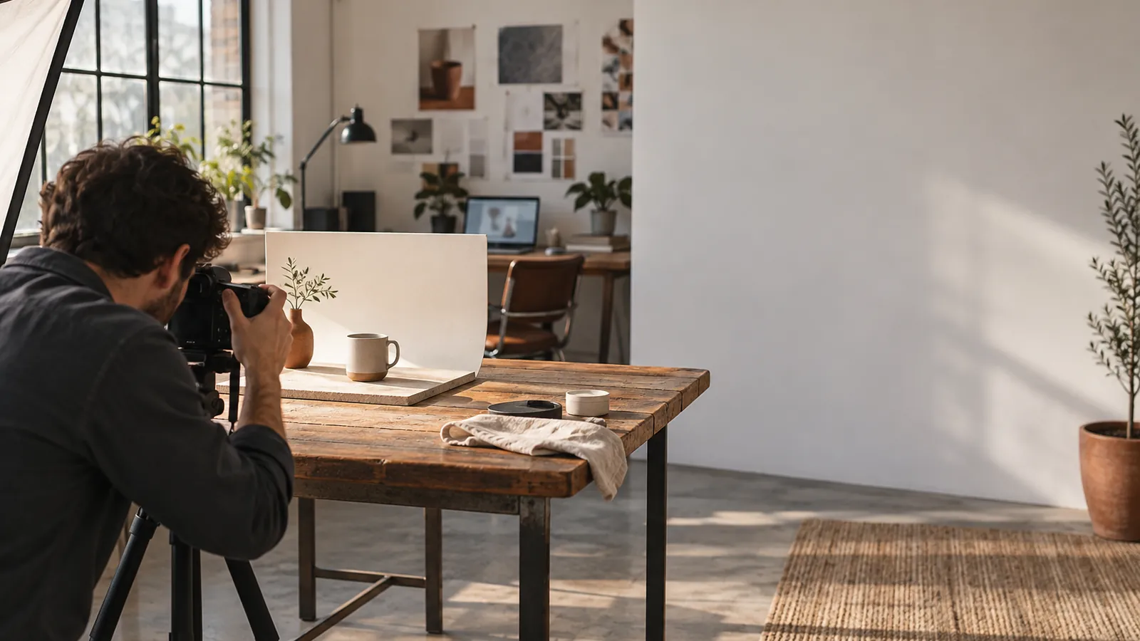 A photographer positioning an unbranded bottle on a stone plinth beside a camera and softbox