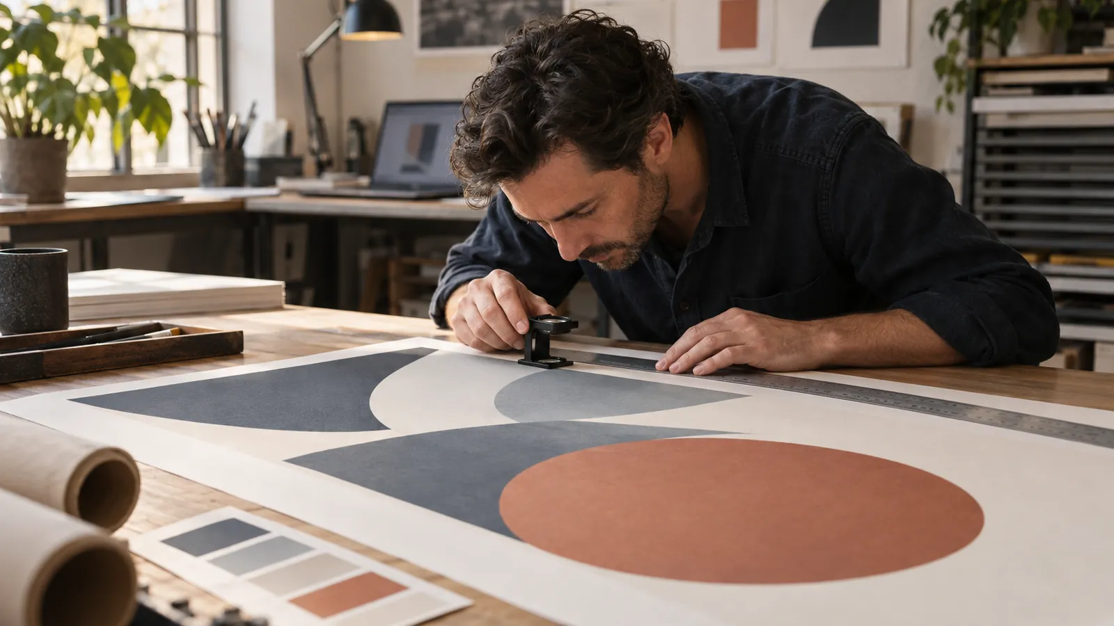 A designer examining a printed poster with a loupe, metal ruler, and color card