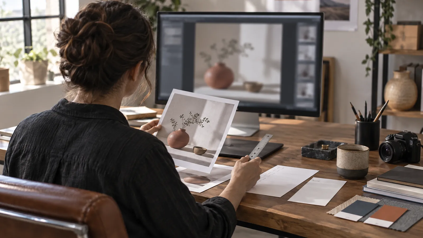 An editor reviewing a product photo on a monitor beside a printed proof and ruler
