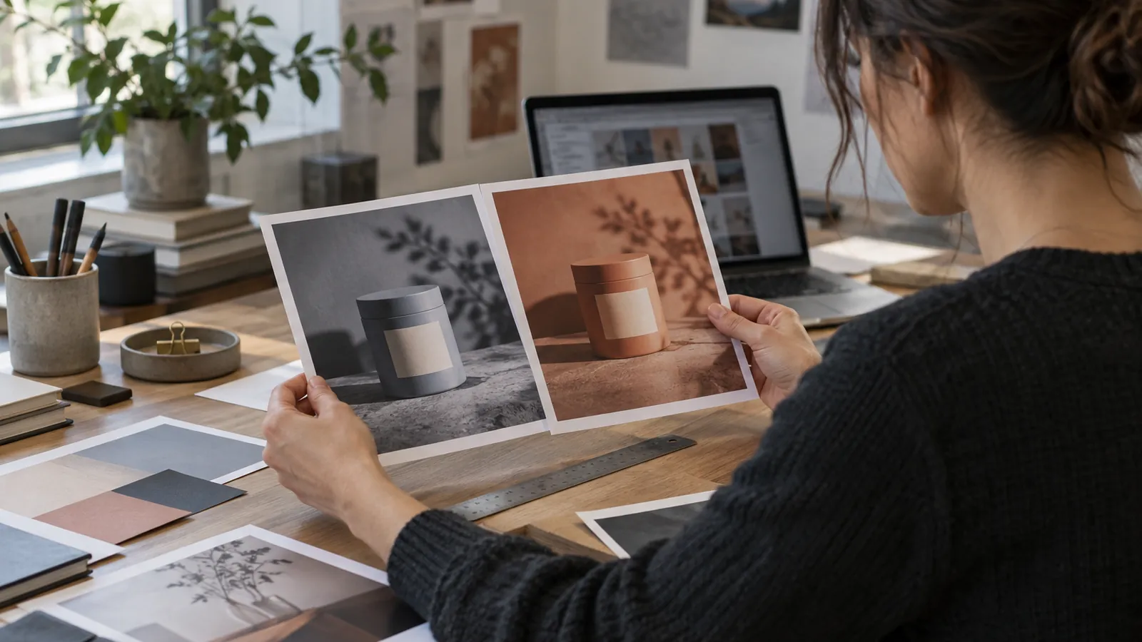 A retoucher comparing blue and terracotta versions of the same unbranded product package